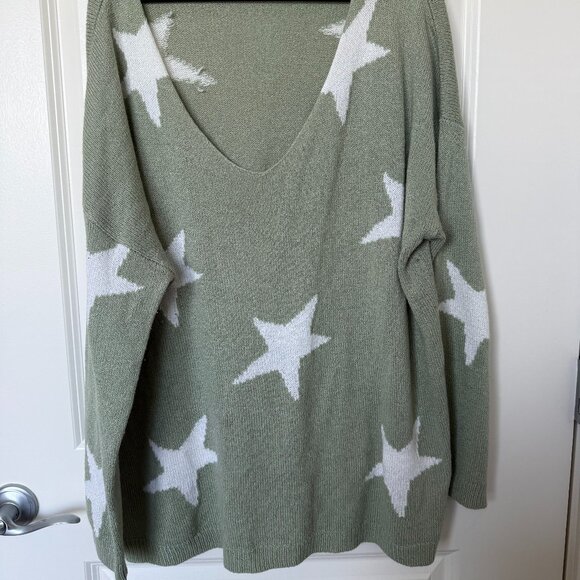 A Beautiful Soul Sage Green Star Sweater – Size B (Fits Like 2X) – Deep V-Neck - Picture 1 of 3